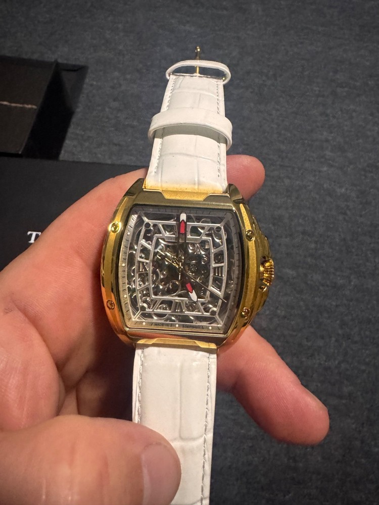 Theorema GM-121 Mechanical Skeleton Watch Gold Tone White Leather Strap w/ Box