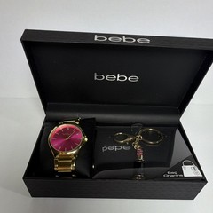 bebe Women’s Gold Tone Bracelet Watch Pink Dial Quartz w/ Box Set