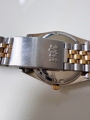 Super Clean Men’s Kish watch black face, gold bezel, two tone band – Rare Find!
