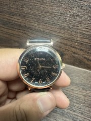 Strada Watch Rose Gold Tone Black Glitter Dial Black Strap Quartz Analog New