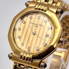 CHRISTIAN DIOR Octagon Diamond Quartz Watch 11P Gold Dial Authentic
