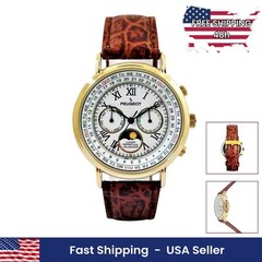 Men’s Vintage Moon Phase Perpetual Calendar Gold Tone Leather Watch