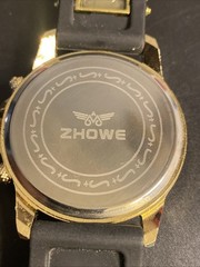 Zhowe Gold Tone Watch Black Dial Faux Chronograph Black Rubber Band New Battery