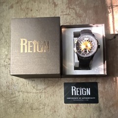 Reign Men’s Automatic Skeleton Dial Watch 44mm Black/Gold Leather Box