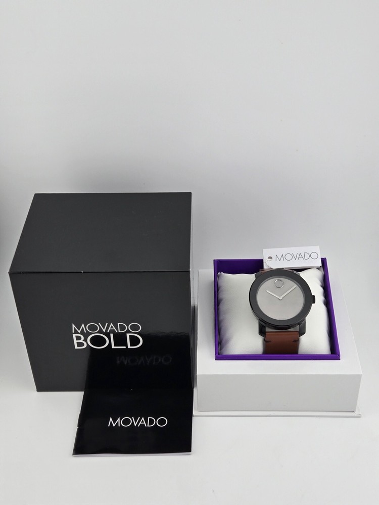 $395 MSRP | Movado Bold Men’s Gray Dial Brown Leather Watch – 3600442
