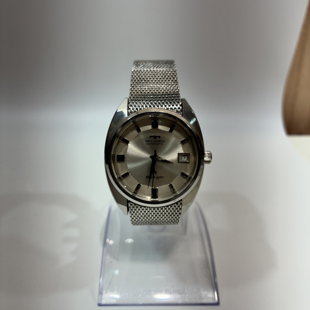 Vintage TECHNOS Sky Light Automatic Men’s Watch Silver Dial Mesh Bracelet Date J