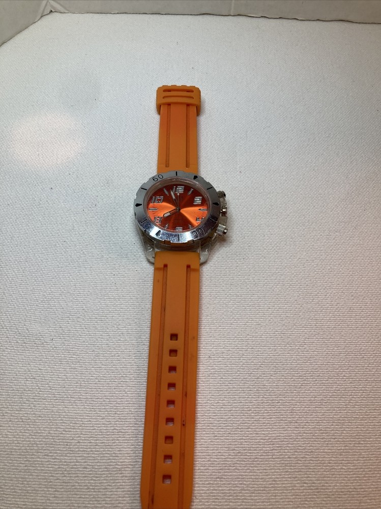 Large Working Orange Silvertone Plastic Silicone Ice Brand Watch, New Battery