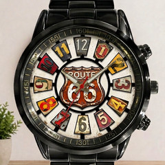 Vintage Route 66 Rustic Industrial Black Stainless Steel Watch Garage Man Cave