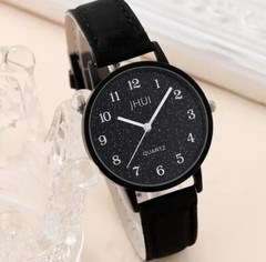 Rhinestone Decor Quartz Watch. Leather Strap, Zinc Alloy Round Dial & ♡ Bracelet