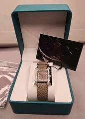 BIBI GRAY Sunburst Dial Silver Square Case Black Cowhide Band Dress Watch