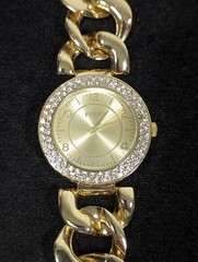 Folio Womans Crystal Accent Gold Tone Round Case Chain Link Bracelet Watch 7.5in