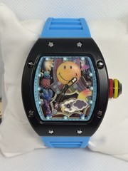 MENS Smiley Face Skeleton Art Dial Blue Strap Watch New Box Papers