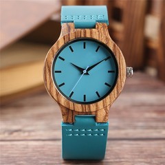 Ladies Blue Dial Wood Case Watch Genuine Leather Strap Quartz Valentine’s Day