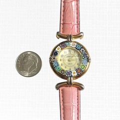 Venetiae Murano Millefiori Glass Quartz Watch Wristwatch Pink Strap Croc Style