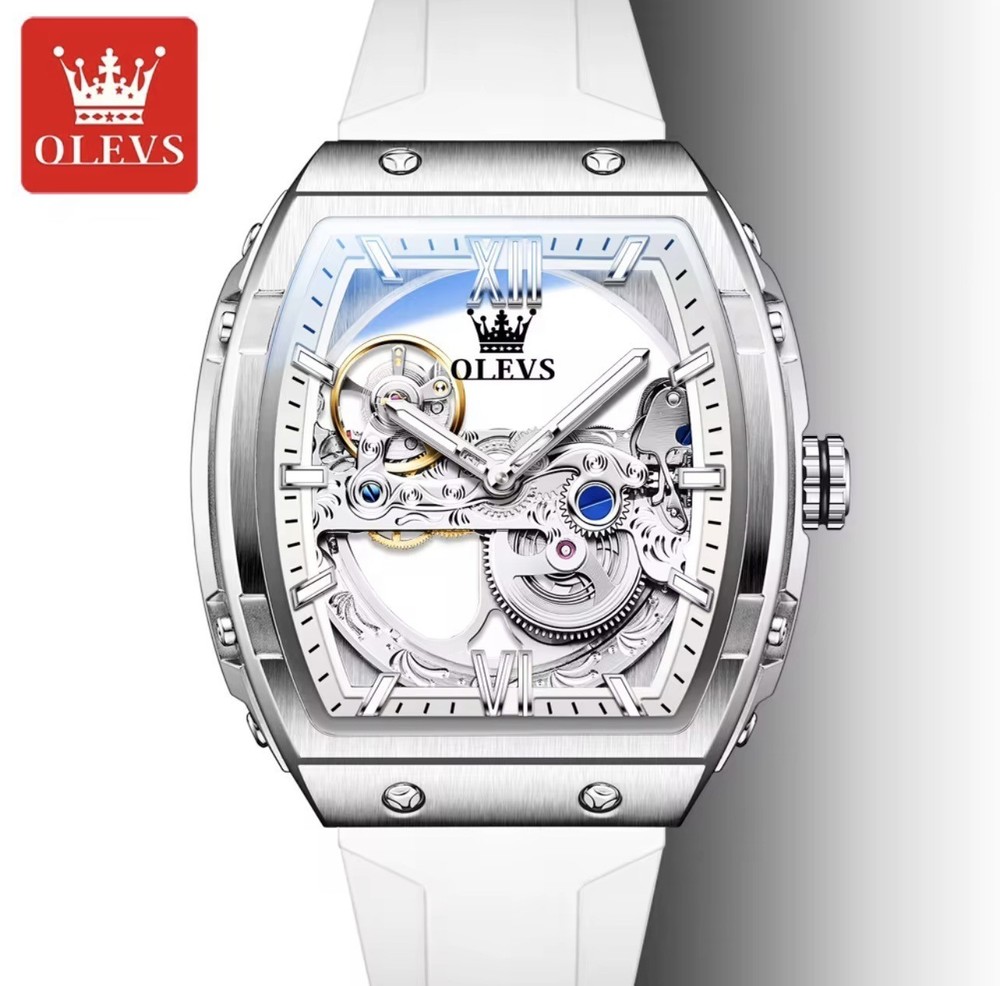 OLEVS Watch for Men Skeleton Automatic Tonneau Silicone Strap Business Luxury