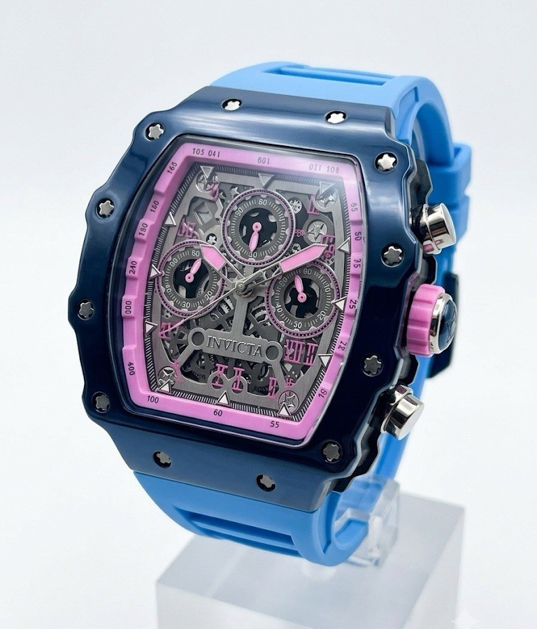 Invicta Men’s Chronograph Quartz Tonneau Watch Blue Strap Gray/Pink Skeleton