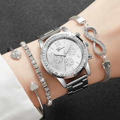 4PCS Ladies Quartz Watch Bracelet Set Rhinestone Steel Band Luxury-UK