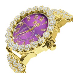 Purple Amethyst 18K Gold Tone Finish Real Diamond Dial Flower Band + Bezel Watch