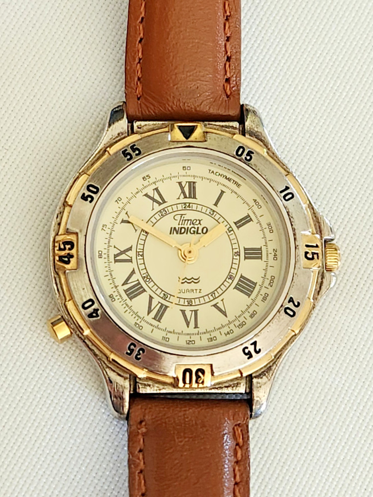 Vtg Timex Indiglo Quartz Tachymetre Watch with 12hr/24hr Dial – Water Resistant