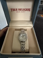 True Religion Women’s Quartz Analog Silver Gem-Set Bezel Bracelet Watch w/ Box