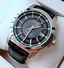Bulova Precisionist Gray Dial Silver Tone Black Leather Band Men’s Watch 96B158