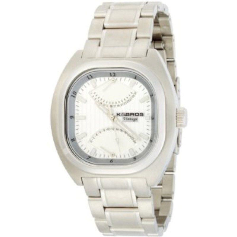 NEW K&BROS 9462-1 Mens Steel Silver-tone Bracelet Black Dial Watch W Month & Day