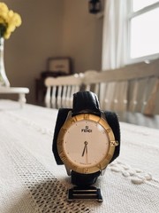 Fendi 2000G men’s Quartz Watch White Logo Dial Gold Bezel Black Leather