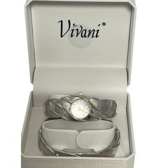 Vivani Women’s Two-Tone Bangle Cuff Quartz Wristwatch & Matching Bracelet Set