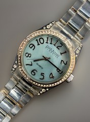 JOAN RIVERS CLASSICS Ladies Watch Rhinestones Blue Pearlescent Face Acrylic Band