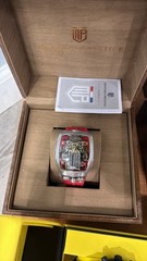 Montres Prestige Automatic Skeleton Tonneau Watch Silver Case Red Rubber Strap