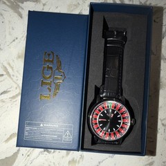 LIGE Men’s Analog Wristwatch Black Leather Band Round Black Red Green Bezel