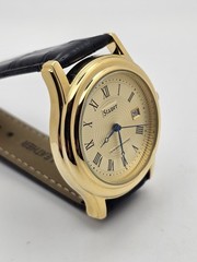 Stauer Metropolitan Men Analog Date Watch 40mm Goldtone Black Leather Full Kit🔥