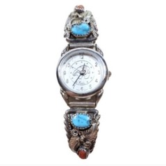 Navajo Southwest Real Turquoise Coral 925 Sterling Silver Watch Nadia