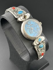 Working Lucoral Quartz Watch Native Navajo Style Turquoise Silver Band M0