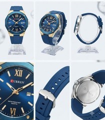 CURREN Quartz Analog Watch Blue Sunburst Dial Date, Blue Rubber Strap 40-43.9mm