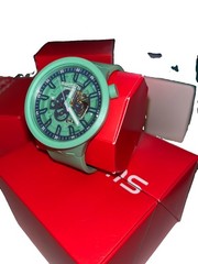 Swatch Swiss Made Skeleton Dial Analog Quartz Watch Green Silicone Strap w/ Box