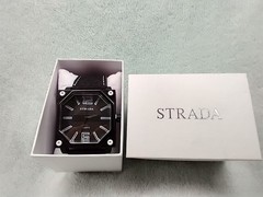 STRADA of ITALY OCTAGONAL RAISED/BEVELED CRYSTAL BLK /WHT SQ CASE FASHION WATCH