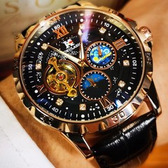 AOKULASIC Tourbillon Skeleton Mechanical Watches Starry Sky Moon Phase Dial Stee