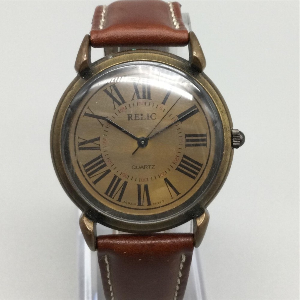 Relic Unisex Watch 34mm Bronze Dial Brown Leather Roman Numeral New Battery