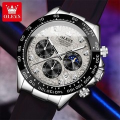 OLEVS Men Chronograph Analog Quartz Watch Moon Phase Rubber Diamond Luminous 30M