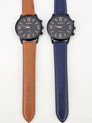 2X Men’s Analog Watches 40MM Black Dial Brown Blue Faux Leather Band New Battery