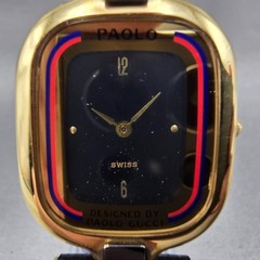 Paolo Gucci Watch Men 25mm Black Dial Gold Tone Red Blue New Battery NOS VTG