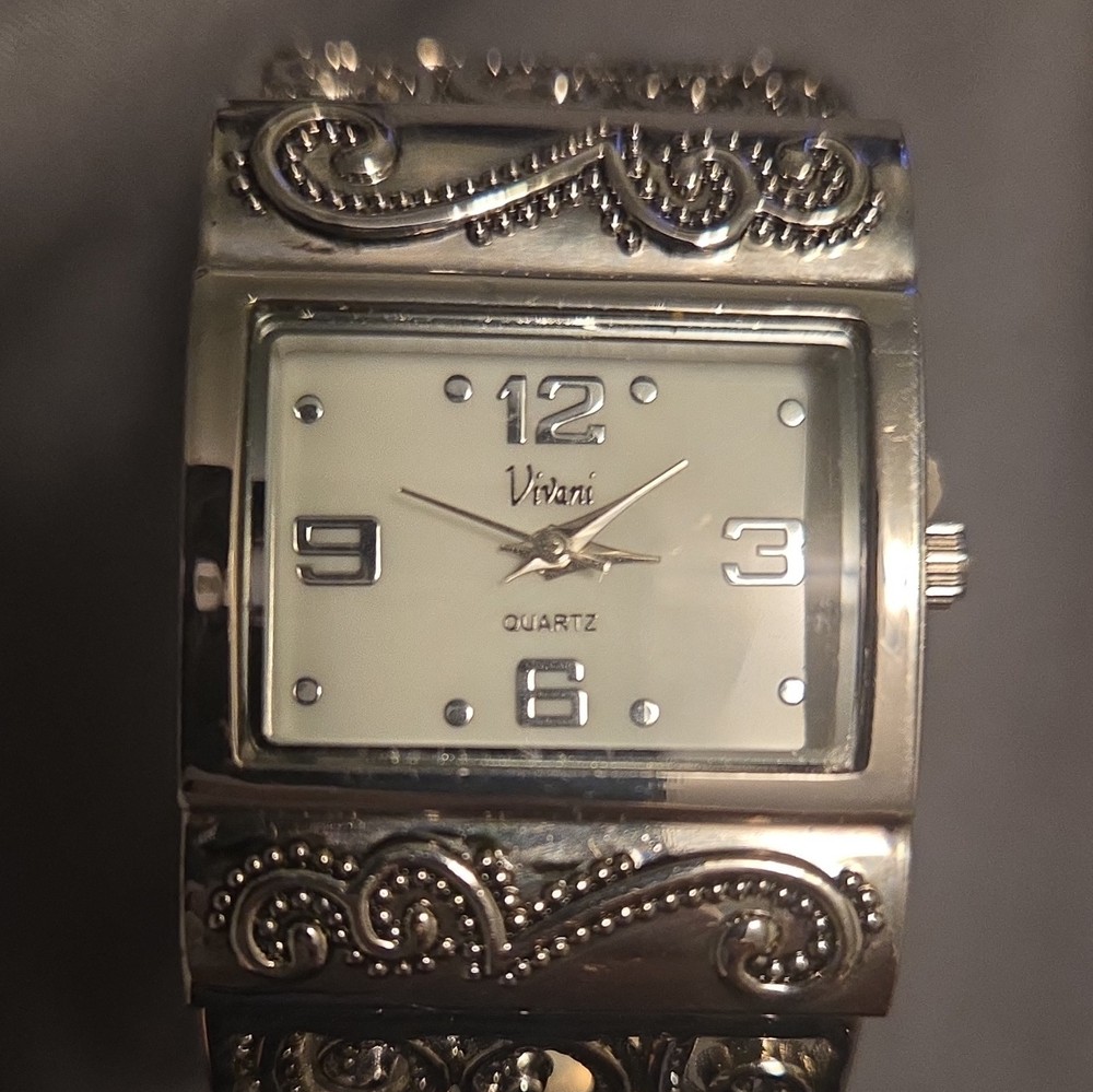 Vivani Women’s Quartz Analog Rectangle Watch White Dial Silver Filigree Bracelet
