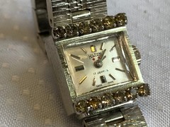 Hilton Windup Wristwatch 17 Jewels Baton Indices Clear Stones Fold Over *RUNS*