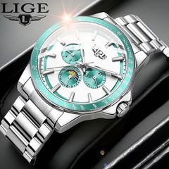 LIGE Men’s Silver Aqua Quartz Watch Stainless Steel Date Day Subdial