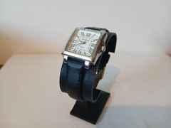 Philip Mercier Ladies wrist watch with square silver colour case and black calf