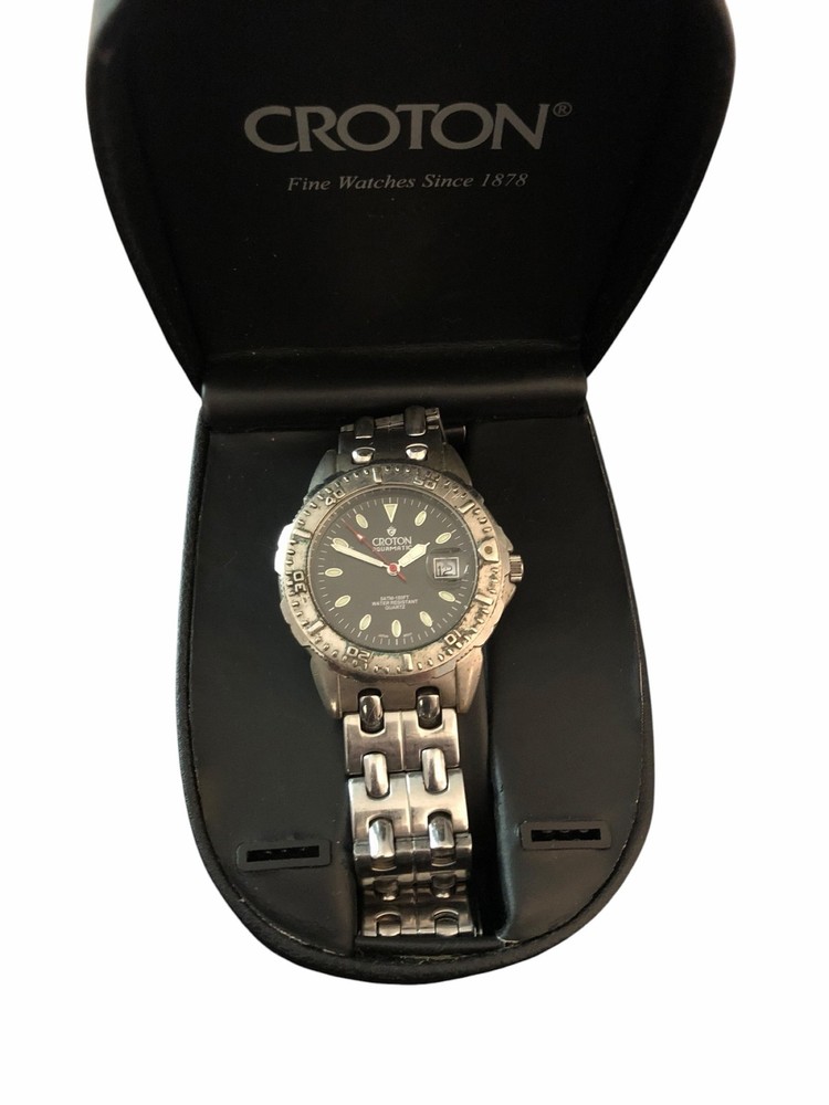 Croton Aquamatic Men’s Diver Watch Black Dial Date Stainless Steel Box