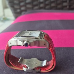 Cartier Santos Automatic Square Silver Watch White Roman Dial Red Strap