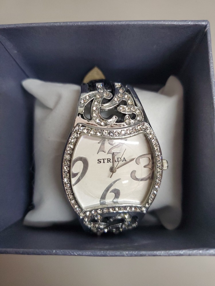 Unused Stylish Strada Men Silver & rinestone Watch Black band