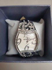 Unused Stylish Strada Men Silver & rinestone Watch Black band